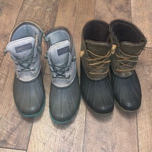 Two pairs of very worn sperry boots shoes